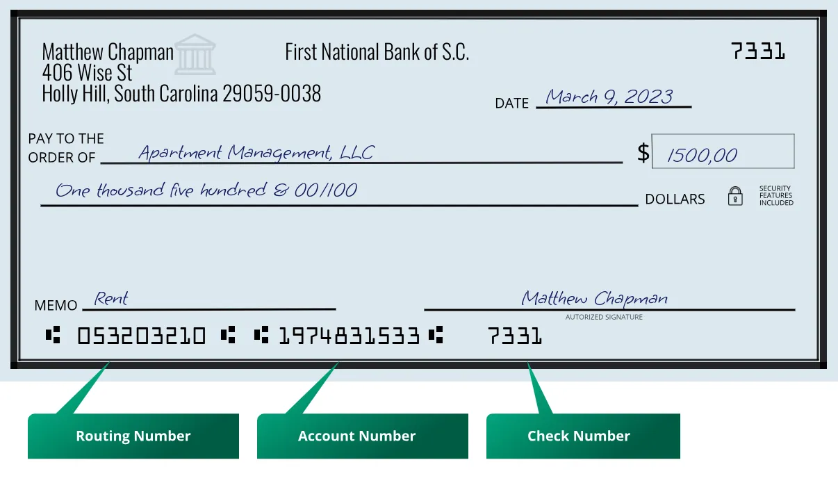 053203210 routing number First National Bank Of S.c. Holly Hill