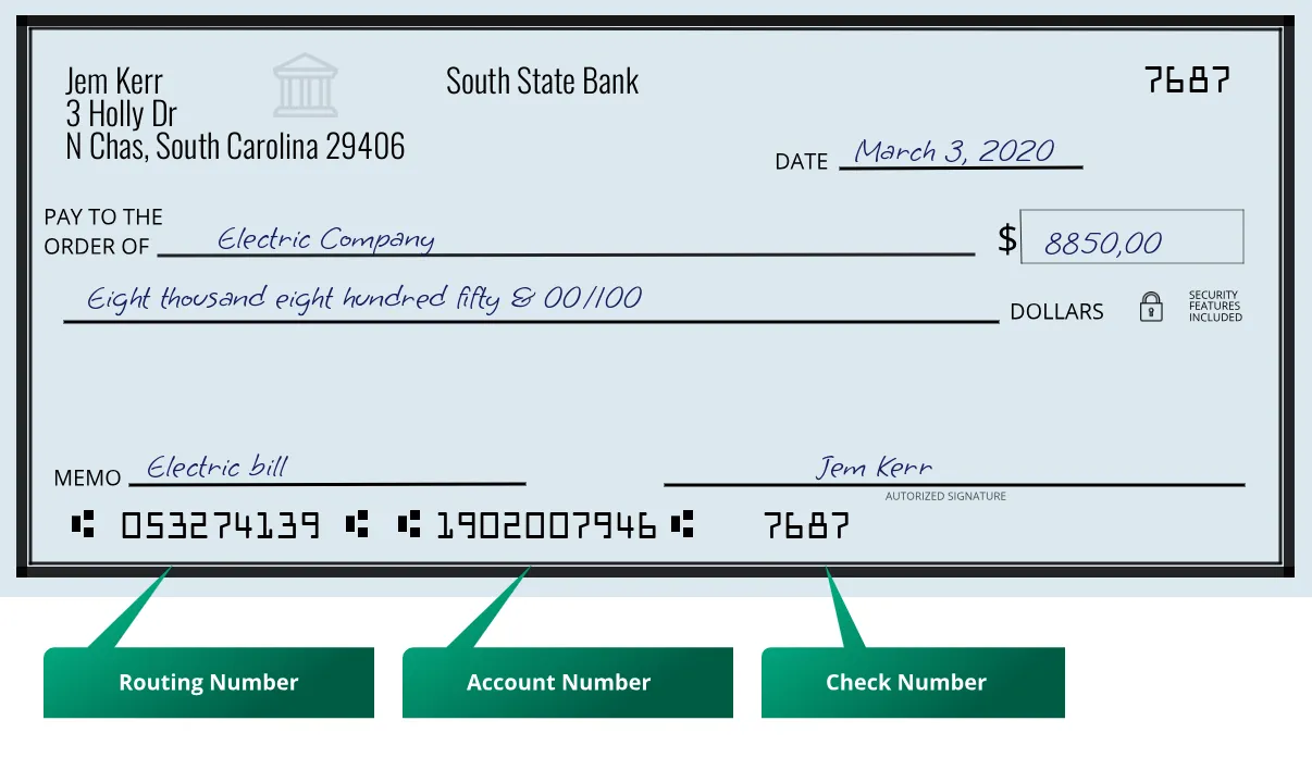 053274139 routing number South State Bank N Chas