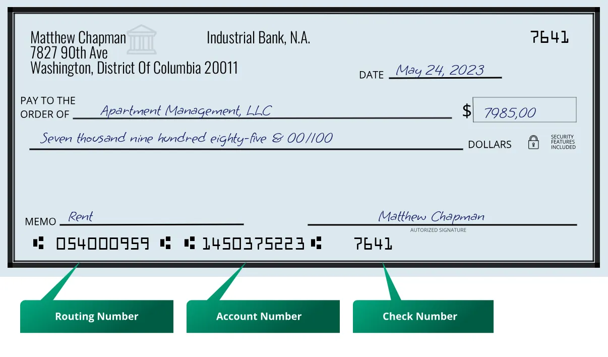 054000959 routing number Industrial Bank, N.a. Washington
