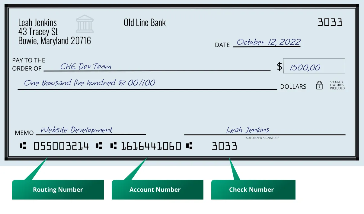 055003214 routing number Old Line Bank Bowie