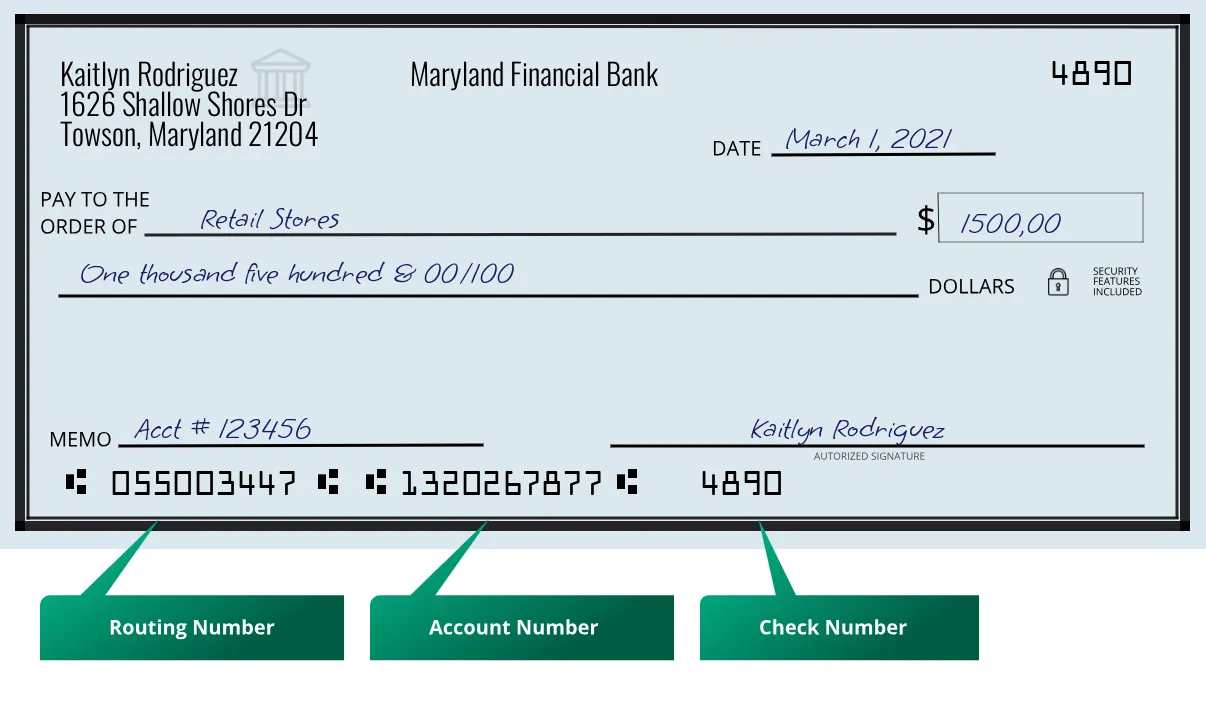 055003447 routing number Maryland Financial Bank Towson