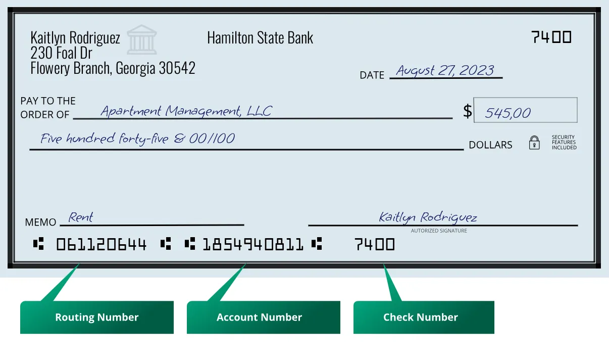 061120644 routing number Hamilton State Bank Flowery Branch