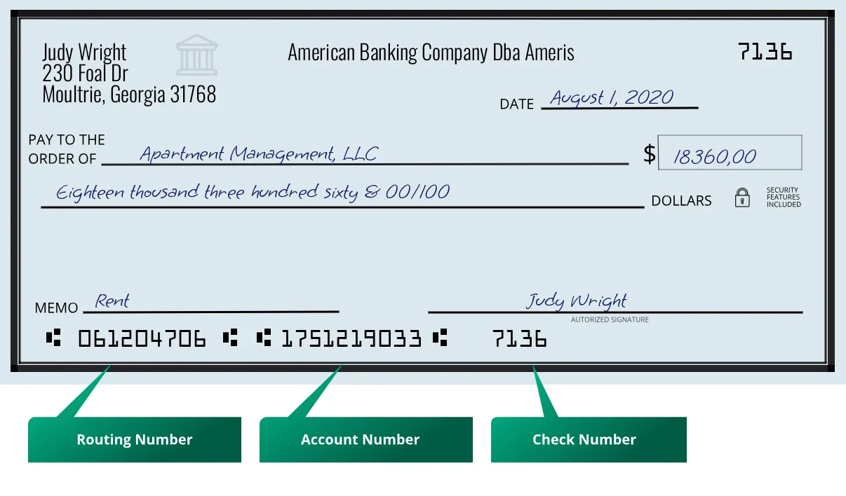 061204706 routing number American Banking Company Dba Ameris Moultrie
