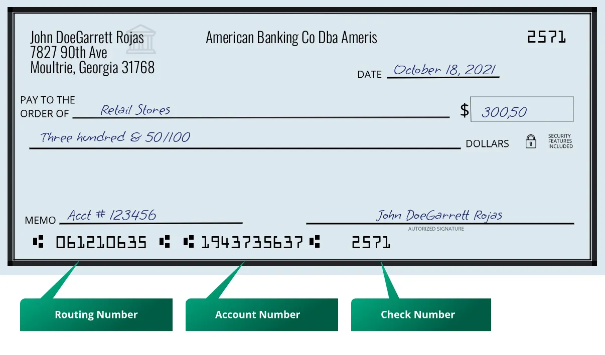 061210635 routing number American Banking Co Dba Ameris Moultrie