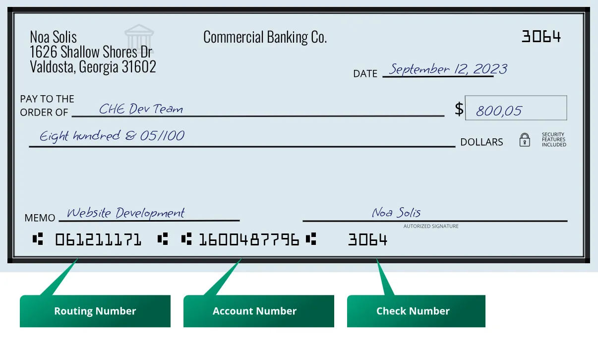 061211171 routing number Commercial Banking Co. Valdosta
