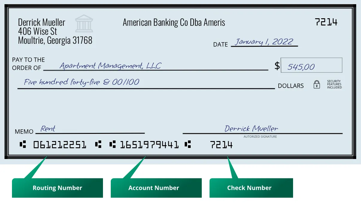 061212251 routing number American Banking Co Dba Ameris Moultrie