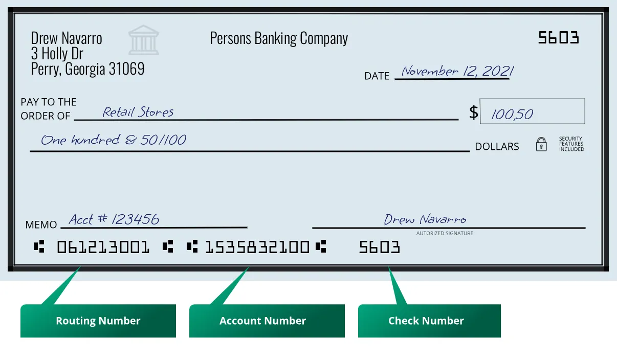 061213001 routing number Persons Banking Company Perry