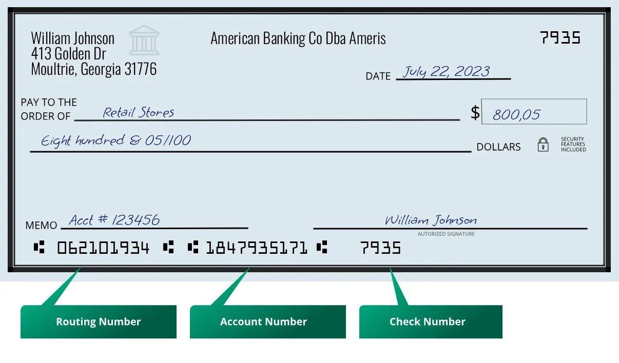 062101934 routing number American Banking Co Dba Ameris Moultrie