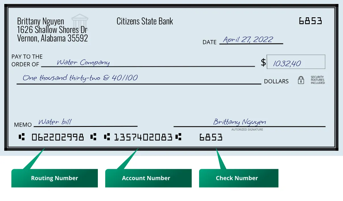062202998 routing number Citizens State Bank Vernon
