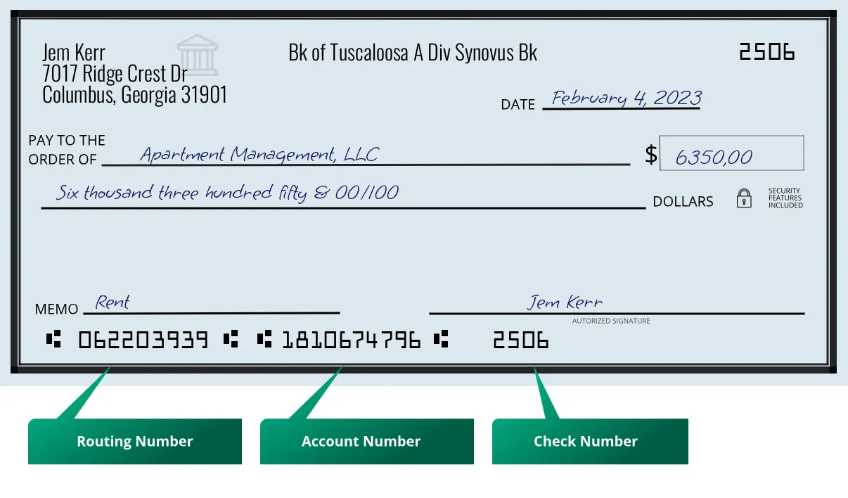 062203939 routing number Bk Of Tuscaloosa A Div Synovus Bk Columbus
