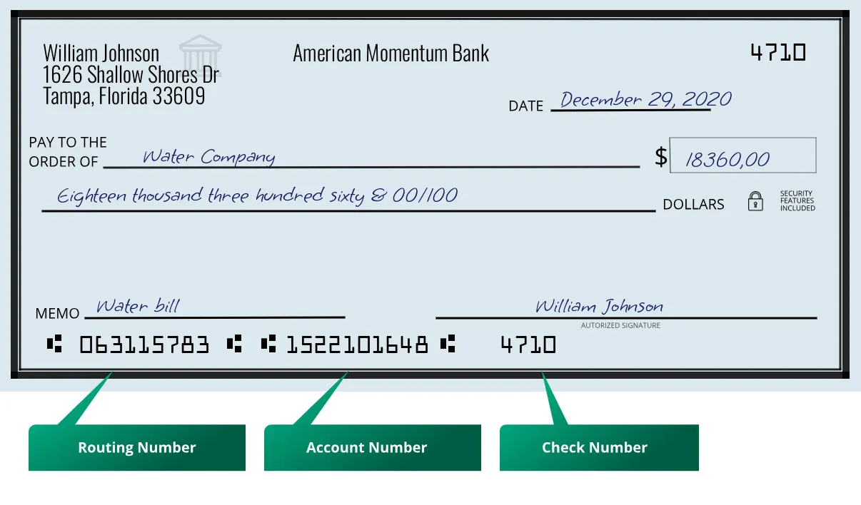 063115783 routing number American Momentum Bank Tampa