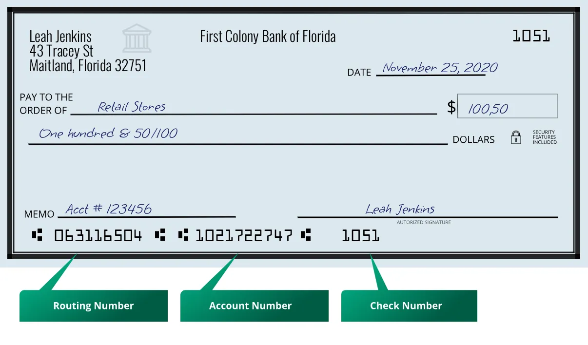063116504 routing number First Colony Bank Of Florida Maitland