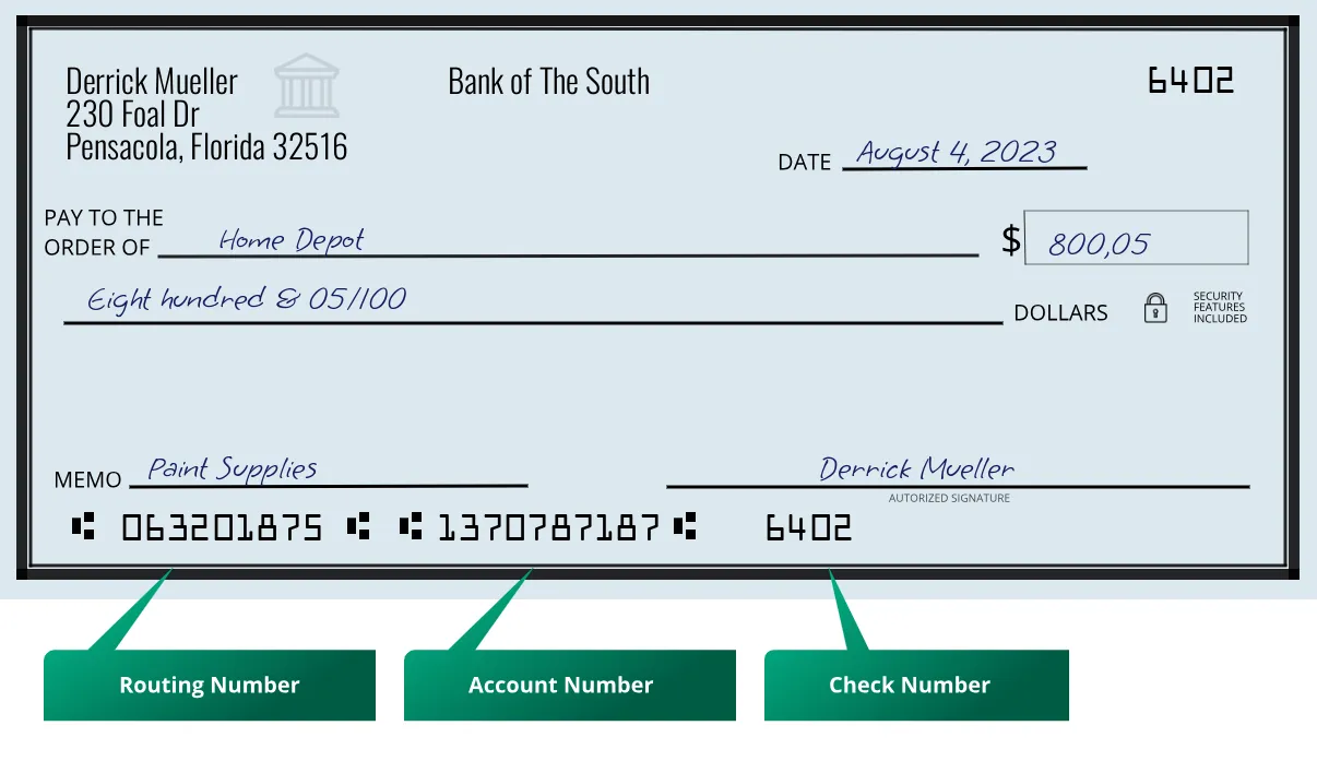 063201875 routing number Bank Of The South Pensacola