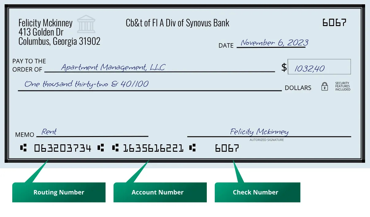 063203734 routing number Cb&t Of Fl A Div Of Synovus Bank Columbus