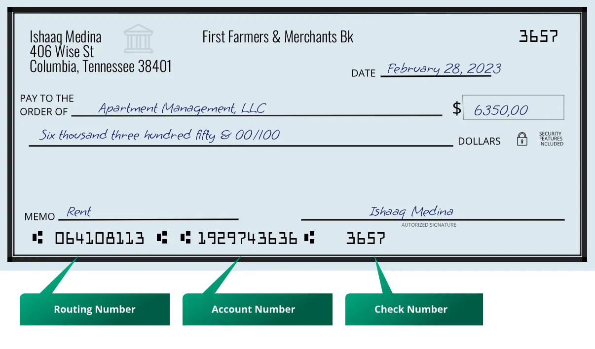 064108113 routing number First Farmers & Merchants Bk Columbia