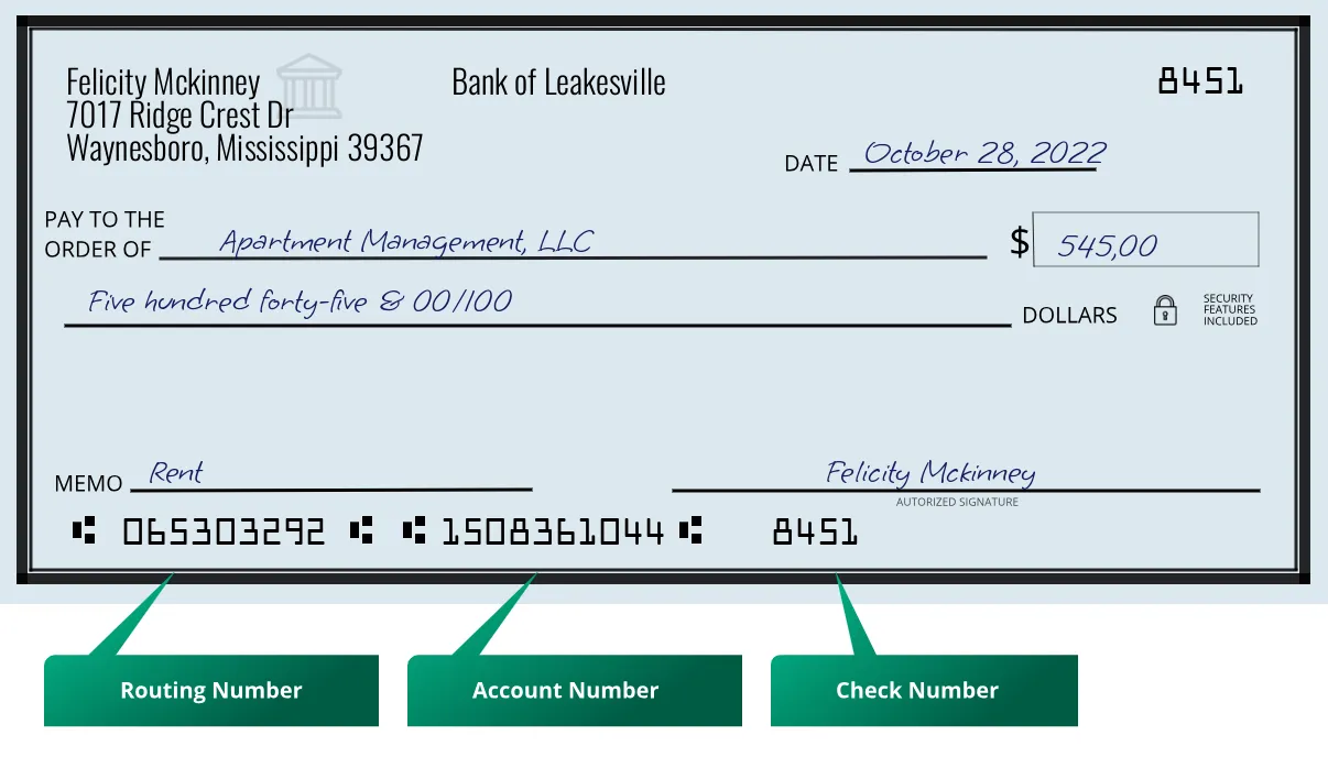 065303292 routing number Bank Of Leakesville Waynesboro