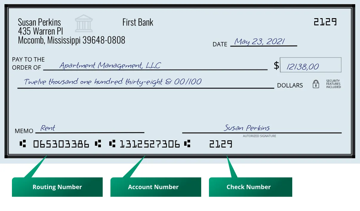 065303386 routing number First Bank Mccomb