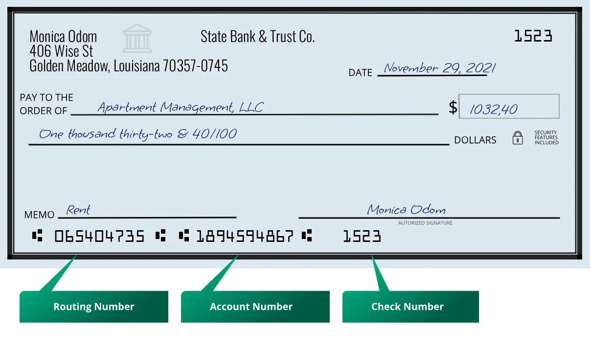 065404735 routing number State Bank & Trust Co. Golden Meadow