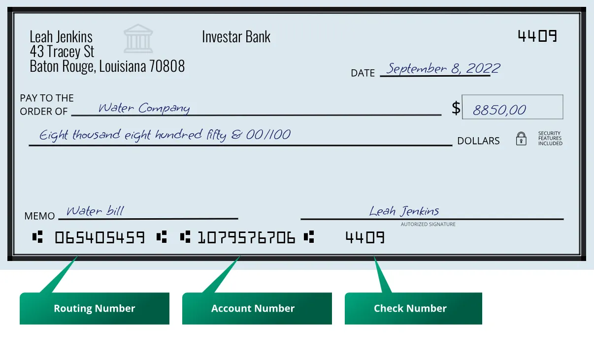 065405459 routing number Investar Bank Baton Rouge
