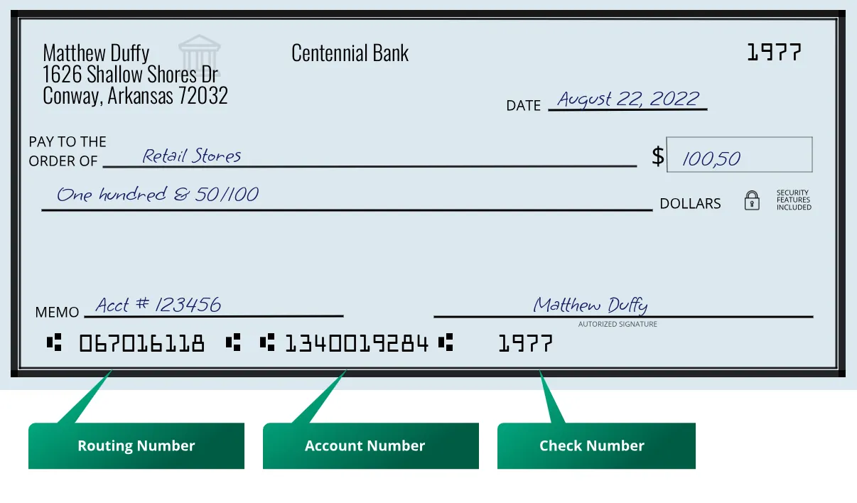 067016118 routing number Centennial Bank Conway