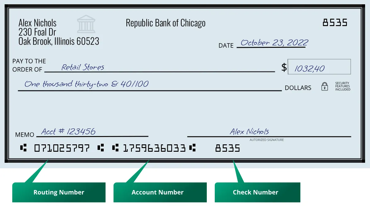 071025797 routing number Republic Bank Of Chicago Oak Brook
