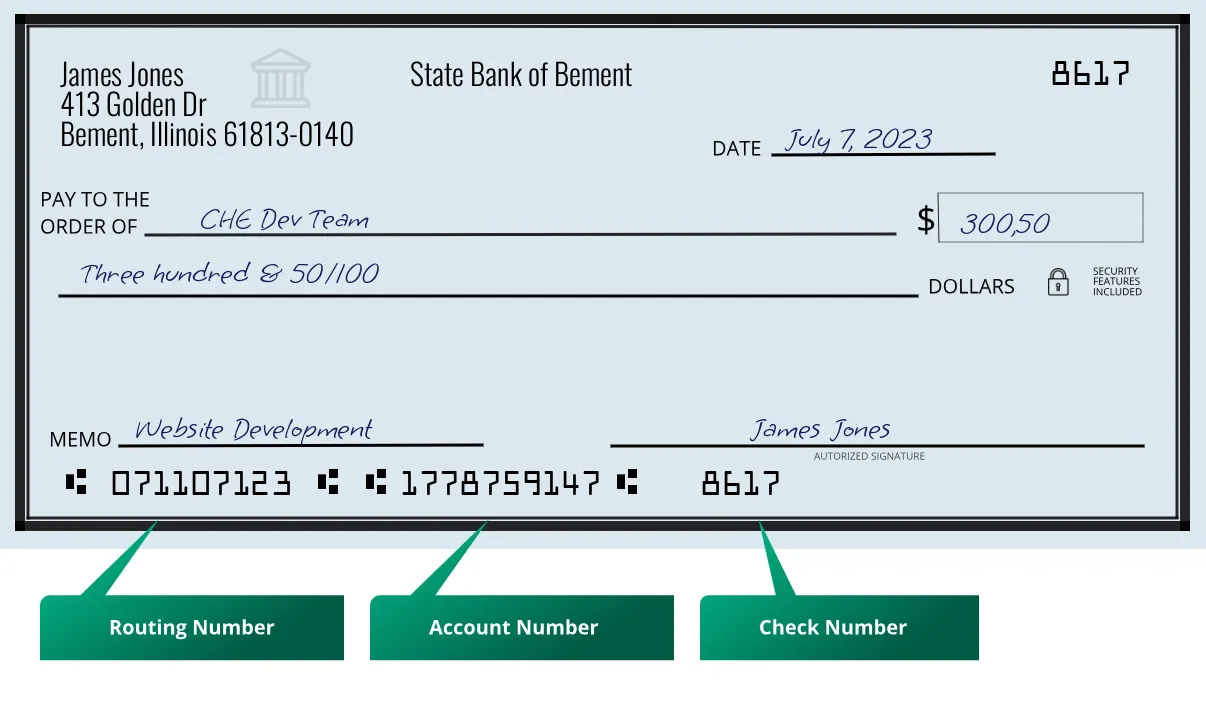 071107123 routing number State Bank Of Bement Bement