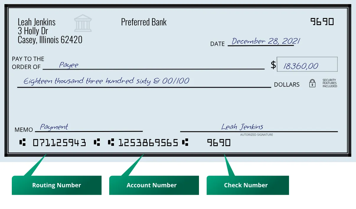 071125943 routing number Preferred Bank Casey