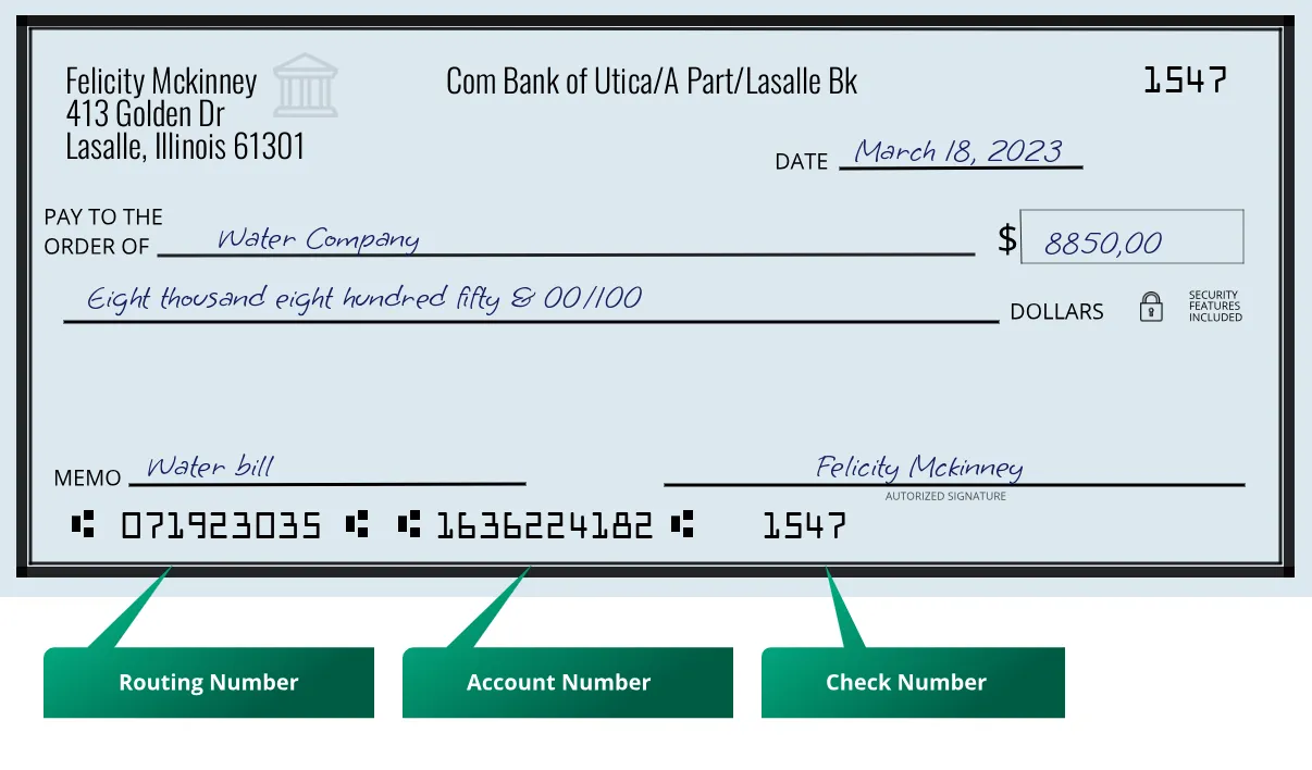071923035 routing number Com Bank Of Utica/a Part/lasalle Bk Lasalle