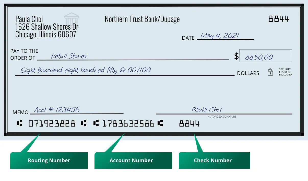 071923828 routing number Northern Trust Bank/dupage Chicago
