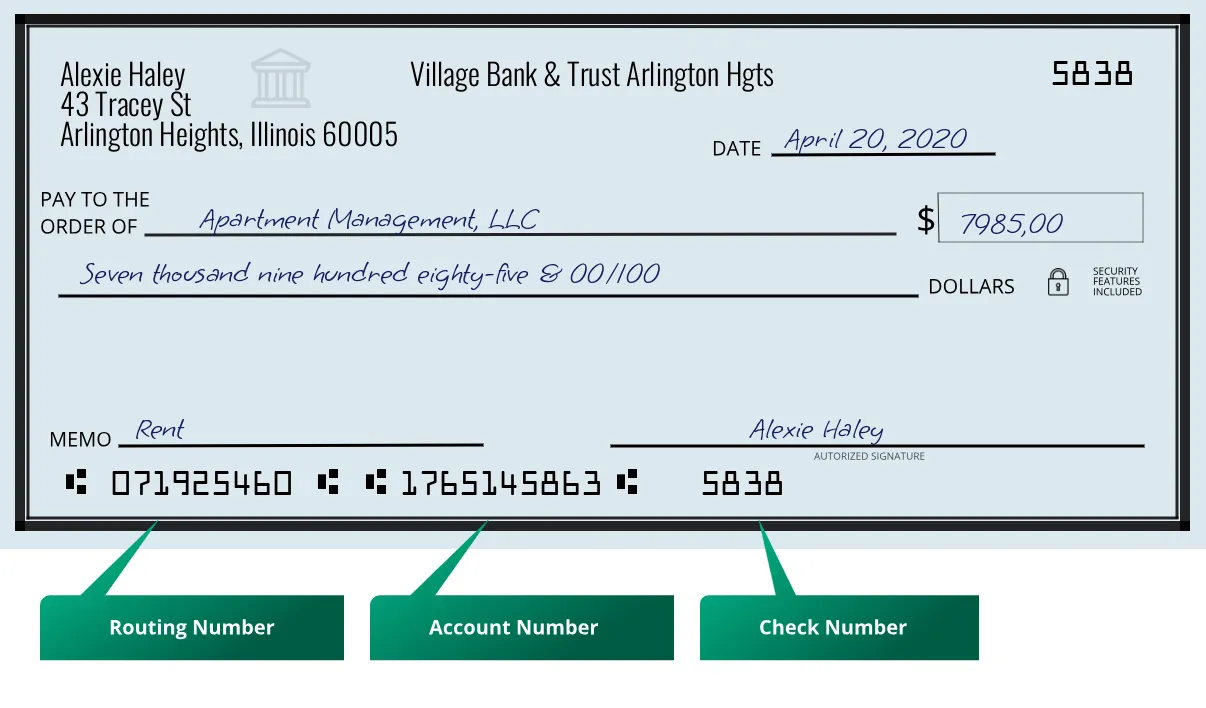 071925460 routing number Village Bank & Trust Arlington Hgts Arlington Heights