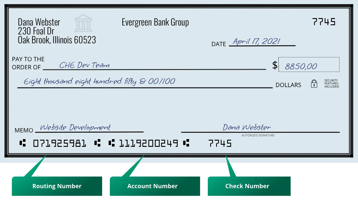071925981 routing number Evergreen Bank Group Oak Brook