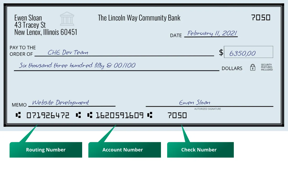 071926472 routing number The Lincoln Way Community Bank New Lenox