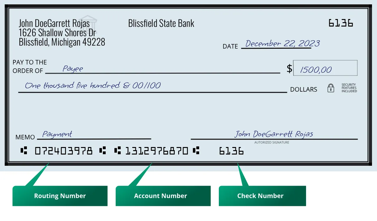 072403978 routing number Blissfield State Bank Blissfield