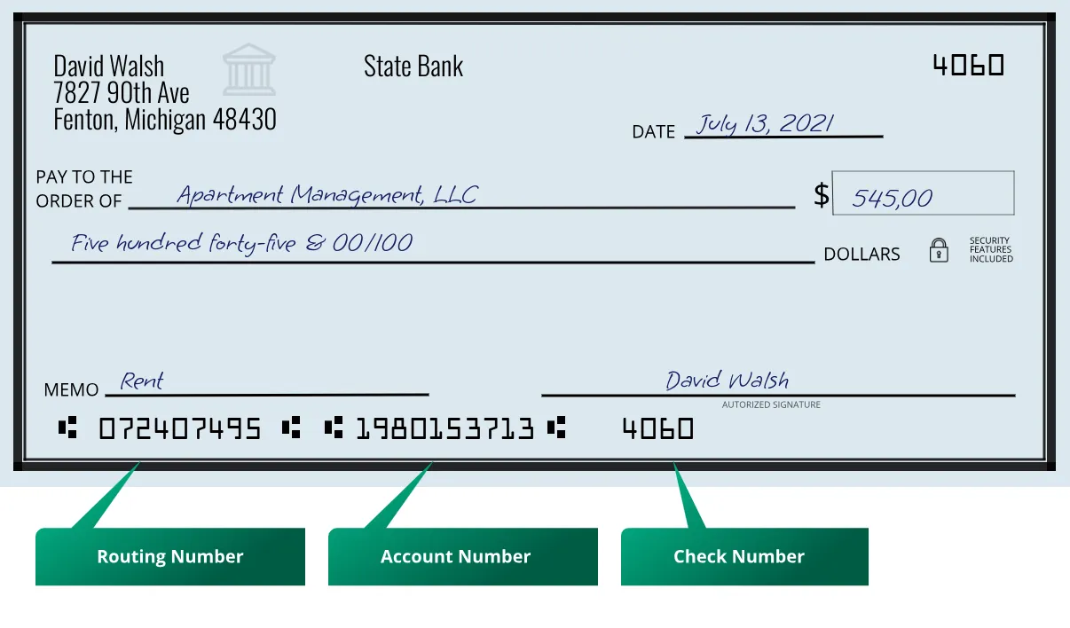 072407495 routing number State Bank Fenton