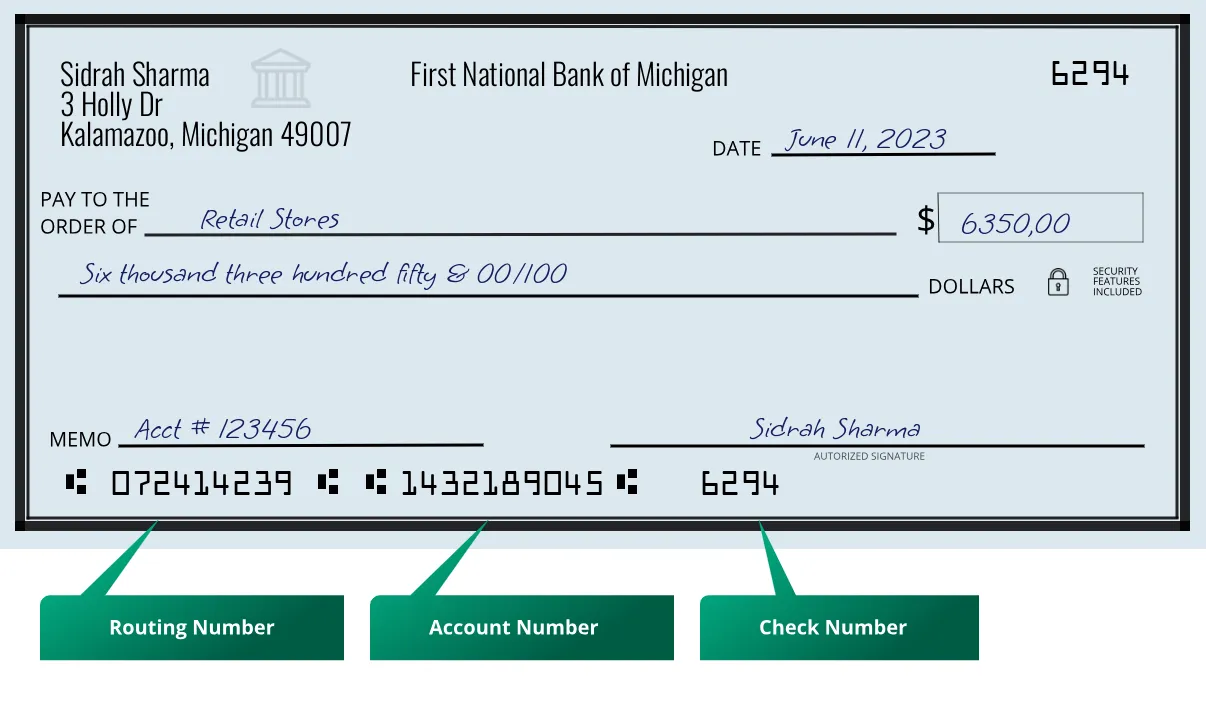 072414239 routing number First National Bank Of Michigan Kalamazoo