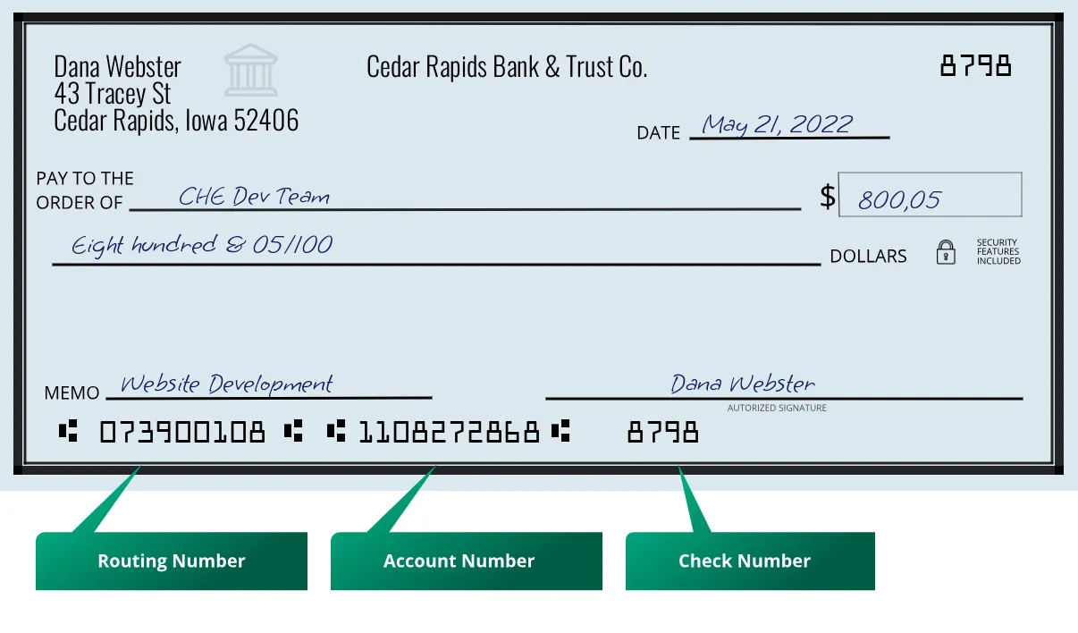 073900108 routing number Cedar Rapids Bank & Trust Co. Cedar Rapids