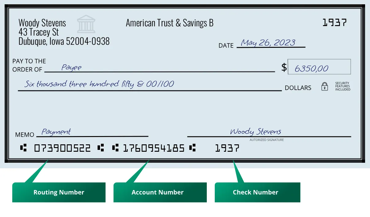 073900522 routing number American Trust & Savings B Dubuque