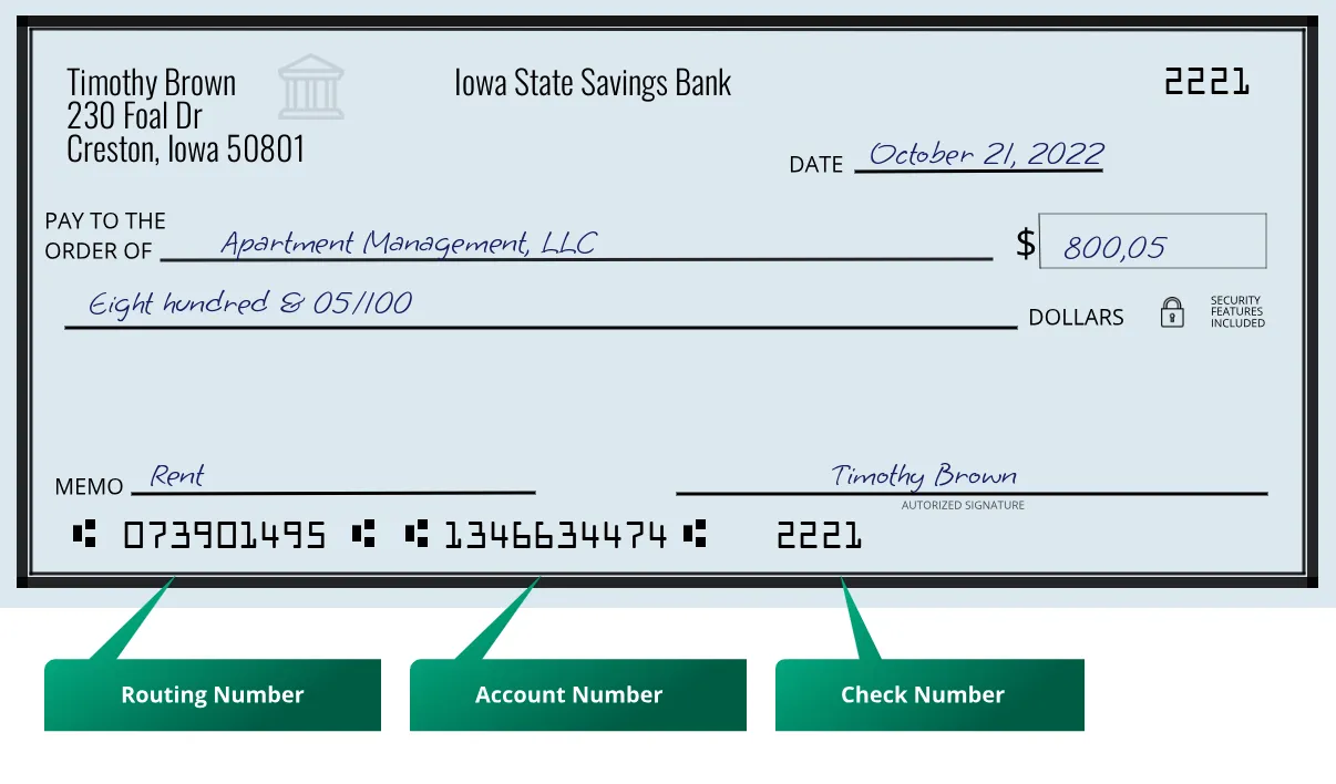 073901495 routing number Iowa State Savings Bank Creston