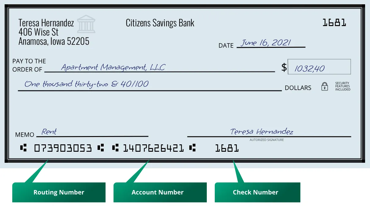 073903053 routing number Citizens Savings Bank Anamosa