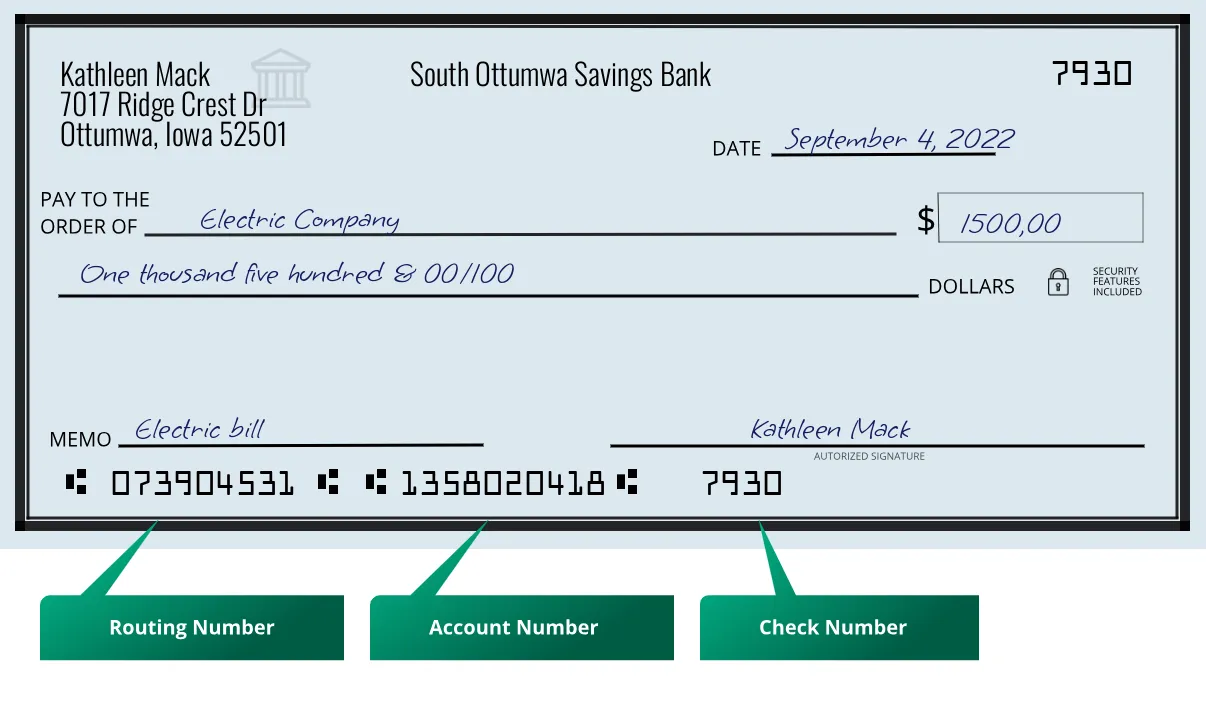 073904531 routing number South Ottumwa Savings Bank Ottumwa
