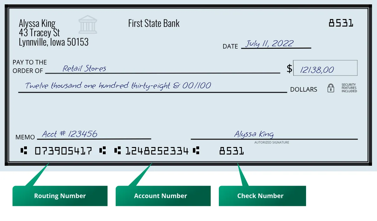 073905417 routing number First State Bank Lynnville