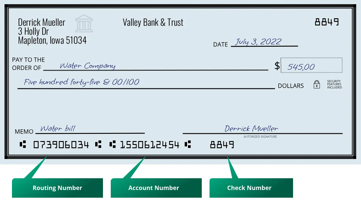073906034 routing number Valley Bank & Trust Mapleton