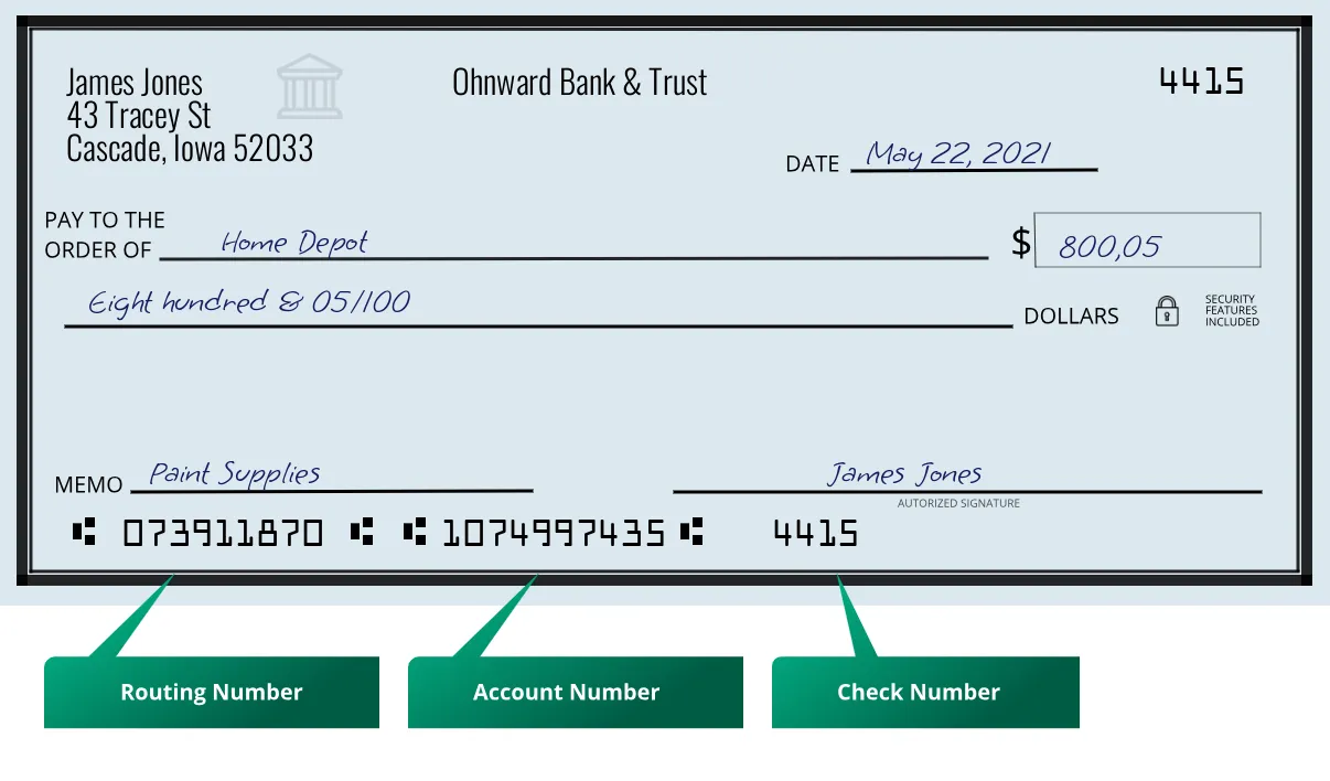 073911870 routing number Ohnward Bank & Trust Cascade