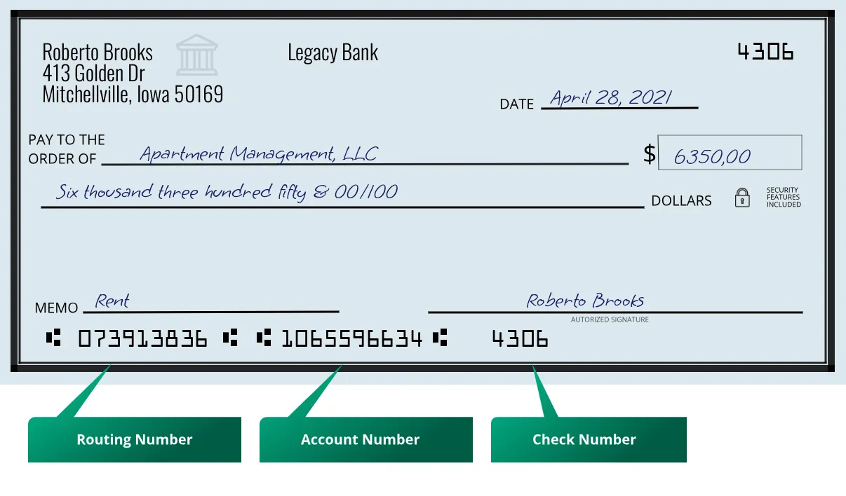073913836 routing number Legacy Bank Mitchellville