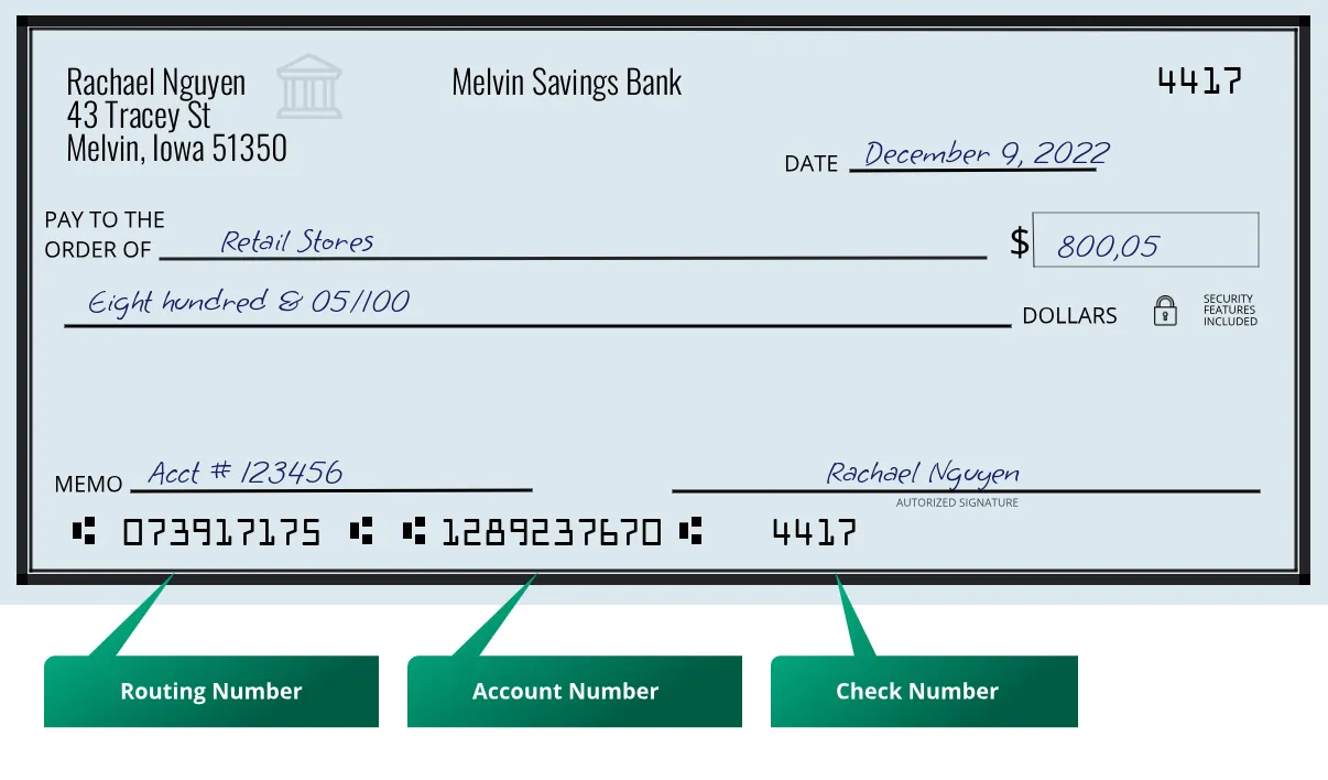 073917175 routing number Melvin Savings Bank Melvin