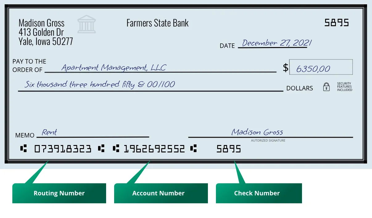073918323 routing number Farmers State Bank Yale