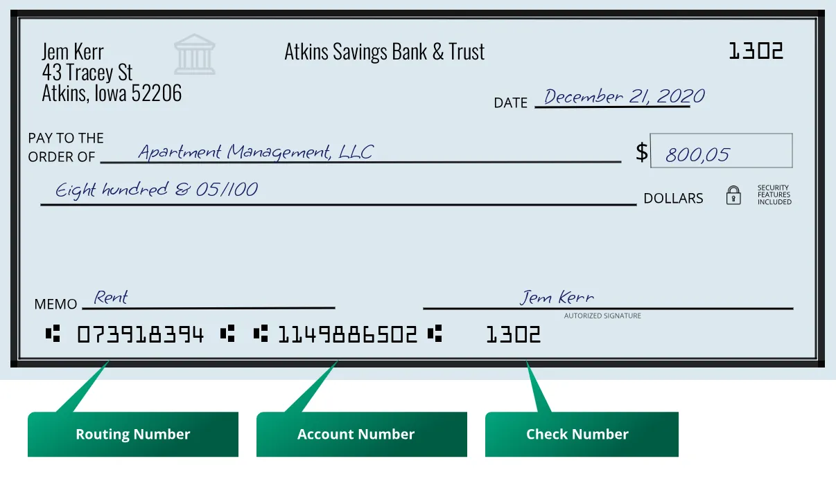 073918394 routing number Atkins Savings Bank & Trust Atkins