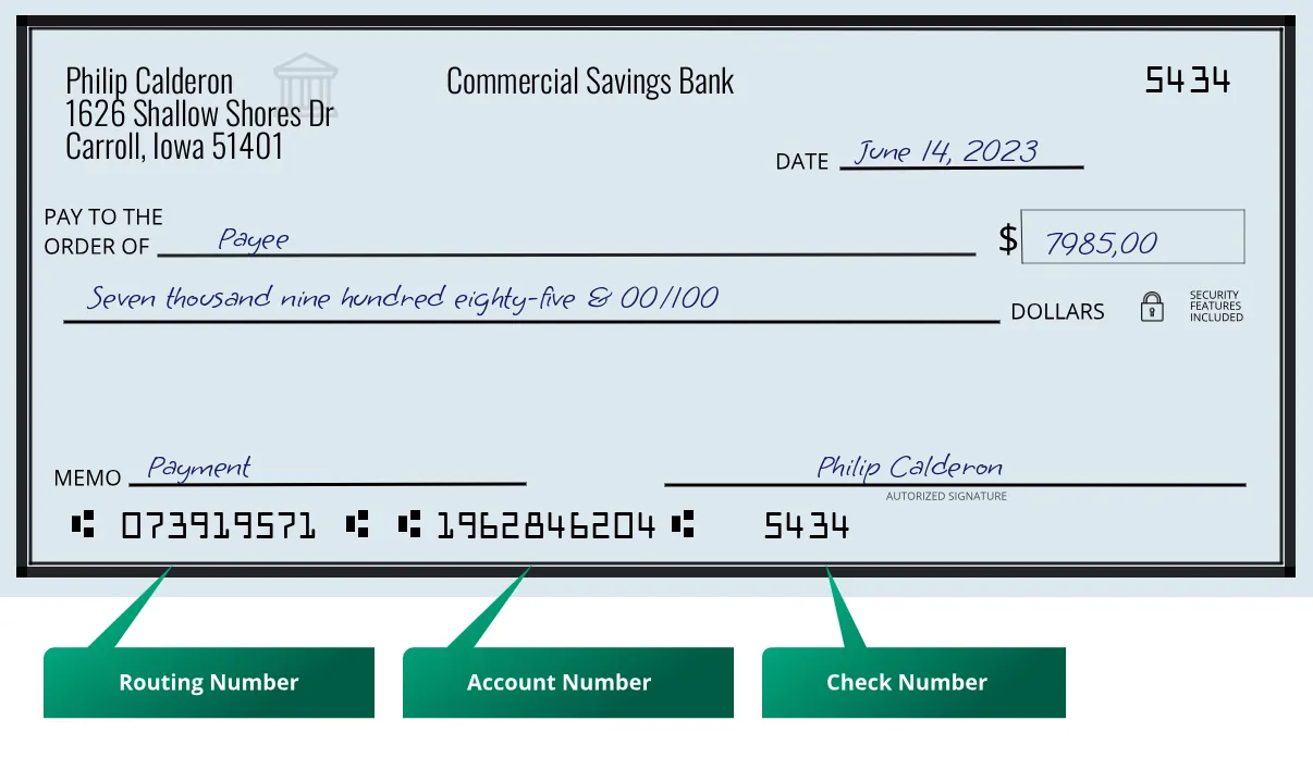 073919571 routing number Commercial Savings Bank Carroll