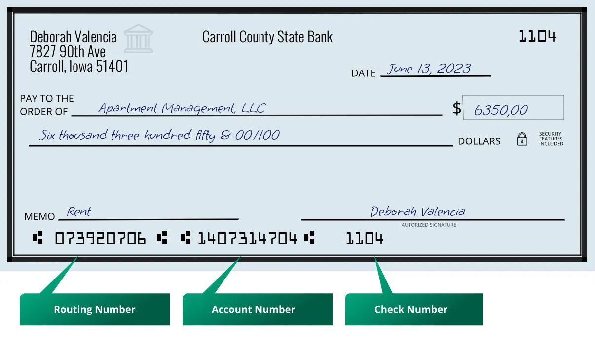 073920706 routing number Carroll County State Bank Carroll