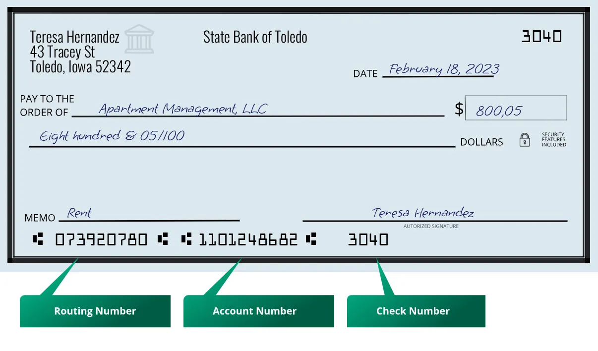 073920780 routing number State Bank Of Toledo Toledo